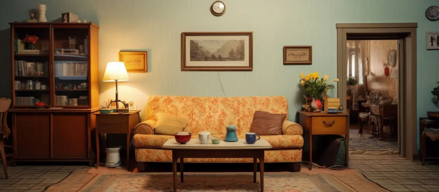 Cozy vintage living room with floral sofa and coffee table