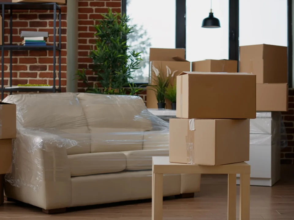 Packed living room with furniture and moving boxes ready for professional haul away furniture service